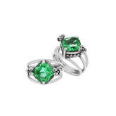 Handmade sterling silver Green Quartz ring with floral details and split shank, artisan Bali jewelry.